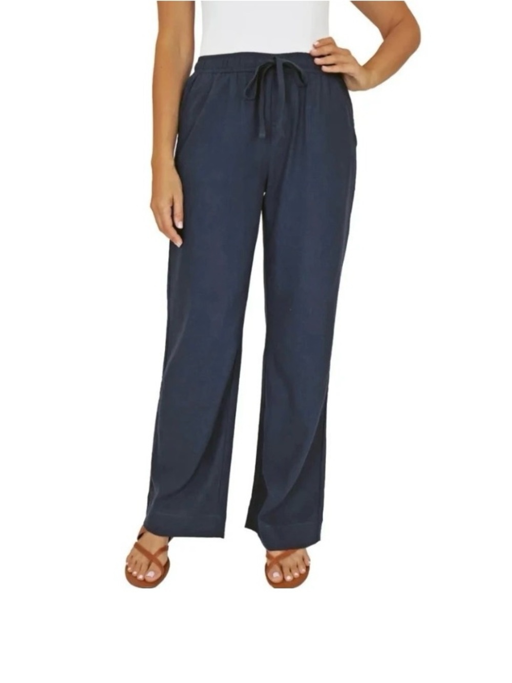 Briggs Womens Navy Blue Linen Blend Wide Leg Drawstring Pants M